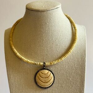 Vintage Natural Bone Beaded Choker Carved Bone Circular Pendant Silver Tone Boho